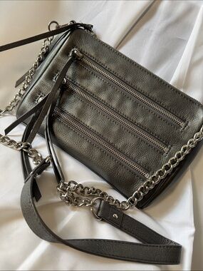 Danier Leather Gray Leather Crossbody with Silver Chain Trim